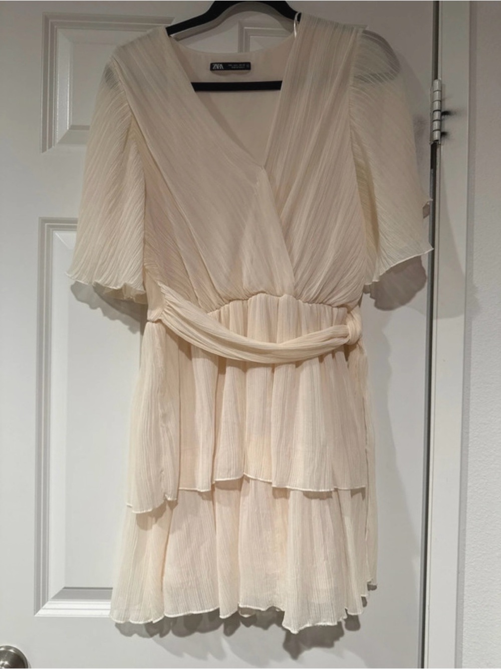 Zara Cream Pleated Tiered Wrap-Style Mini Dress